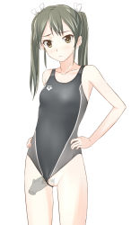 Rule 34 | 10s, 1girl, arena (company), black hair, blush, cleft of venus, clothing aside, competition swimsuit, disembodied limb, female focus, female pubic hair, hair ribbon, hands on own hips, highres, kantai collection, long hair, one-piece swimsuit, pubic hair, pussy, ribbon, simple background, solo, sweatdrop, swimsuit, swimsuit aside, takafumi, thigh gap, twintails, uncensored, white background, yellow eyes, zuikaku (kancolle)