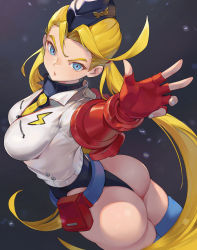 Rule 34 | 1girl, ass, belt pouch, blonde hair, blue eyes, blue hat, blue thighhighs, breasts, cammy white, dark background, facing away, fingerless gloves, from above, gloves, hat, high collar, highres, leotard, leotard under clothes, light particles, lightning bolt symbol, long hair, looking at viewer, medium breasts, necktie, open mouth, pouch, red gloves, shirt, shop p, solo, street fighter, thighhighs, very long hair, white shirt, yellow necktie
