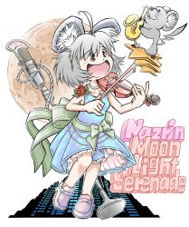 Rule 34 | 1girl, 49894989-4989, absurdres, ahoge, animal ear fluff, animal ears, blue dress, bow (music), building, character name, collarbone, dress, dress flower, english text, flower, grey hair, highres, holding, holding instrument, instrument, jewelry, microphone, moon, mouse (animal), mouse ears, mouse girl, mouse tail, music, nazrin, necklace, open mouth, pearl necklace, playing instrument, red eyes, red flower, red rose, rose, saxophone, short hair, skyscraper, studio microphone, tail, touhou, violin, white background, white footwear
