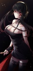 Rule 34 | 1girl, absurdres, amatsuji, bare arms, bare shoulders, black dress, black hair, black thighhighs, blood, blood on face, breasts, cleavage, collarbone, cowboy shot, dagger, dress, from side, gold hairband, gradient background, hairband, highres, holding, holding dagger, holding knife, holding weapon, knife, large breasts, long hair, looking at viewer, nail polish, open mouth, red nails, solo, spy x family, teeth, thighhighs, two-sided dress, two-sided fabric, upper teeth only, weapon, yor briar, zettai ryouiki