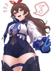 Rule 34 | 1girl, absurdres, amber (genshin impact), blouse, blue footwear, blue gloves, blue shorts, boots, breasts, brown eyes, brown hair, cosplay, eula (genshin impact), eula (genshin impact) (cosplay), genshin impact, gloves, hair ribbon, high-waist shorts, highres, kirima (user danf8787), looking down, medium breasts, musical note, red ribbon, ribbon, shirt, shorts, smile, solo, speech bubble, spoken musical note, thigh boots, thighhighs, v, white background, white shirt