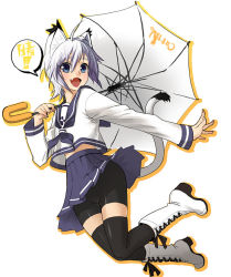 Rule 34 | 1girl, :d, ahoge, animal ears, bike shorts, black thighhighs, blue eyes, boots, cat ears, cat tail, clothes lift, cross-laced footwear, fang, grey hair, high heel boots, high heels, lace-up boots, midriff, open mouth, original, outstretched arm, outstretched hand, pleated skirt, school uniform, serafuku, short hair, skindentation, skirt, skirt lift, smile, solo, tail, takano saki, thighhighs, umbrella, zettai ryouiki