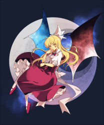 Rule 34 | back bow, bat wings, blonde hair, bow, bowtie, center frills, collared shirt, commentary request, crescent moon, frilled skirt, frills, full body, hair ribbon, highres, kurumi (touhou), long hair, mary janes, moon, puffy short sleeves, puffy sleeves, red bow, red bowtie, red footwear, red skirt, ribbon, shirt, shoes, short sleeves, skirt, touhou, touhou (pc-98), white bow, white ribbon, white shirt, wings, yorktown cv-5