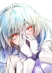 Rule 34 | 1girl, absurdres, blush, commentary request, grey hair, highres, jacket, kinese (katasutorohu), kishin sagume, long hair, long sleeves, looking at viewer, open clothes, open jacket, open mouth, own hands together, red eyes, single wing, smile, solo, touhou, wings