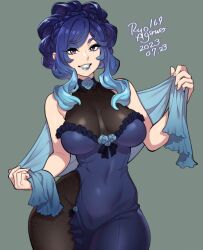 Rule 34 | 1girl, agawa ryou, artist name, blue dress, blue hair, blue lips, blush, bodystocking, breasts, covered navel, dated, dress, gradient hair, grin, large breasts, looking at viewer, medium hair, multicolored hair, original, parted lips, purple eyes, sleeveless, sleeveless dress, smile, solo, teeth