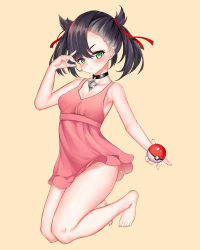 Rule 34 | 1girl, absurdres, black hair, blush, breasts, chinese commentary, cleavage, collarbone, commentary request, creatures (company), dress, full body, game freak, green eyes, hair between eyes, hair ribbon, highres, holding, kneeling, looking at viewer, marnie (pokemon), medium hair, navel, nintendo, nude, o-ring, pink dress, poke ball, pokemon, pokemon swsh, red ribbon, ribbon, simple background, small breasts, solo, thighs, xiao dao jun, yellow background
