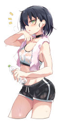 Rule 34 | 1girl, absurdres, bare arms, bare shoulders, black choker, black hair, black shorts, bottle, choker, collarbone, crop top, cropped legs, green eyes, hand on own chin, hand up, highres, holding, holding bottle, junior (toshizou), looking at viewer, midriff, notice lines, original, parted lips, see-through, short hair, short shorts, shorts, simple background, sleeveless, solo, sports bra, sweat, thighs, toshizou (0714), towel, towel around neck, wet, wet clothes, white background