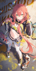 Rule 34 | 1girl, ahoge, animal, belt, belt pouch, braid, breasts, cat, commentary request, crop top, cropped jacket, ear piercing, earrings, expressionless, floating hair, from above, full body, hair over shoulder, hands up, highres, hood, hood down, hooded jacket, jacket, jewelry, long hair, long sleeves, looking at viewer, midriff, navel, nijisanji, orange hair, pants, piercing, pouch, shishido akari, shishido akari (1st costume), shoes, small breasts, solo, sports bra, standing, stomach, toosaka asagi, torn clothes, torn pants, very long hair, virtual youtuber, white pants, yellow eyes, yellow footwear