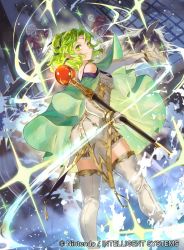 Rule 34 | 1girl, boots, cape, commentary request, company connection, copyright name, fire emblem, fire emblem: the sacred stones, fire emblem cipher, gloves, green eyes, green hair, jewelry, l&#039;arachel (fire emblem), long hair, looking at viewer, looking back, mayo (becky2006), nintendo, official art, skirt, staff, thigh boots, thighhighs, white footwear, zettai ryouiki