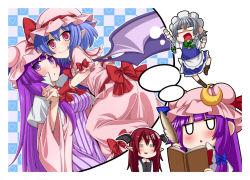 Rule 34 | &gt;:o, 4girls, :d, :o, = =, blue hair, book, braid, eichi yuu, fang, hair ribbon, holding hands, hat, head wings, izayoi sakuya, koakuma, maid, maid headdress, moon, multiple girls, open mouth, patchouli knowledge, pointy ears, purple eyes, purple hair, quill, red eyes, red hair, remilia scarlet, ribbon, silver hair, smile, touhou, triangle mouth, v-shaped eyebrows, wings, yuri