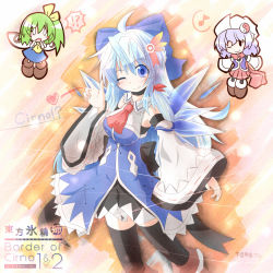 Rule 34 | !?, 3girls, aged up, ascot, black legwear, blue dress, blue eyes, blue hair, chibi, cirno, daiyousei, detached sleeves, dress, fairy wings, green hair, hair ornament, hair ribbon, hat, heart, ice, ice wings, letty whiterock, long hair, long sleeves, looking at viewer, multiple girls, musical note, one eye closed, open mouth, ribbon, shirt, side ponytail, silver hair, skirt, smile, thighhighs, touhou, very long hair, wings, wink, witch hat, yin yang, yurume atsushi, zettai ryouiki