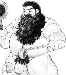 Rule 34 | 1boy, abs, arm hair, bara, beard, big belly, blush, commentary, comparison, completely nude, corrupted twitter file, dungeon meshi, dwarf, english commentary, excessive pubic hair, facial hair, fat, fat man, feet out of frame, flaccid, frying pan, girthy penis, giving, greyscale, hair slicked back, highres, holding, holding frying pan, large pectorals, long beard, male focus, mature male, monochrome, muscular, muscular male, navel hair, nipples, nose blush, nude, overload (nuhoangxitray), pectorals, penis, potato, pubic hair, senshi (dungeon meshi), short hair, shy, solo focus, standing, sweatdrop, thick mustache, thick thighs, thighs, uncensored, v-shaped eyebrows, very long beard