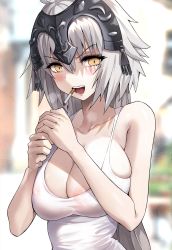 Rule 34 | 1girl, areola slip, biting, blurry, blurry background, breasts, cigarette, cleavage, commentary request, fate/grand order, fate (series), headpiece, highres, jeanne d&#039;arc (fate), jeanne d&#039;arc alter (avenger) (fate), jeanne d&#039;arc alter (fate), large breasts, lighting cigarette, long hair, looking at viewer, open mouth, see-through, silver hair, smoking, solo, standing, suou-sensei, tank top, upper body, yellow eyes