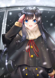Rule 34 | 1girl, absurdres, alternate costume, asashio (kancolle), black hair, blue eyes, blurry, blush, bokeh, buttons, car, coat, depth of field, diffraction spikes, fur-trimmed sleeves, fur trim, highres, kantai collection, long hair, long sleeves, looking at viewer, mittens, motor vehicle, open mouth, red ribbon, ribbon, sakurahuji-iro, salute, school uniform, smile, snowing, solo, winter clothes, winter coat