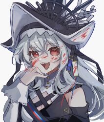 Rule 34 | 1girl, arknights, black dress, black headwear, blood, blood in hair, blood on face, blood on hat, breasts, cleavage, cleavage cutout, clothing cutout, commentary, crossed bangs, dress, grey hair, hand up, high collar, highres, looking at viewer, medium breasts, medium hair, mizuku, open mouth, pointy hat, profile, red eyes, sharp teeth, shoulder strap, smile, solo, specter (arknights), specter the unchained (arknights), teeth, tongue, two-tone dress, upper body, white dress