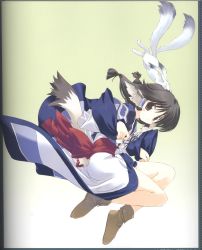 Rule 34 | 00s, 1girl, animal ears, ankle boots, aruruu, bare legs, black border, black hair, blush, boots, border, bow, brown footwear, brown hair, closed mouth, creature, full body, gradient background, highres, horns, japanese clothes, jumping, kimono, long hair, long sleeves, looking at viewer, looking to the side, low-tied long hair, midair, no legwear, non-web source, red bow, sash, scan, single horn, solo, tail, tareme, utawarerumono, wide sleeves