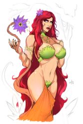 Rule 34 | 1girl, batman (series), breasts, cleavage, curvy, dc comics, devilhs, flower, green eyes, hair flower, hair ornament, hand on own thigh, highres, large breasts, lips, long hair, monster girl, nature, navel, plant, plant girl, poison ivy, red hair, sketch, solo, tree, very long hair