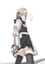 Rule 34 | 1boy, alternate costume, apron, black bow, black skirt, blush, bow, brown hair, brown thighhighs, center frills, chihuri, crossdressing, ear piercing, enmaided, feet out of frame, final fantasy, final fantasy xiv, frilled apron, frills, from behind, green eyes, hair between eyes, highres, kneeling, looking at viewer, looking back, maid, maid headdress, male focus, open mouth, piercing, pointy ears, puffy short sleeves, puffy sleeves, shirt, short sleeves, simple background, skirt, solo, sweat, thighhighs, waist apron, white apron, white background, white shirt, wrist cuffs, zephirin de valhourdin