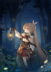 Rule 34 | 1girl, ahoge, belt, blonde hair, blurry, blurry background, bow, bowtie, brown eyes, brown gloves, brown thighhighs, buckle, cape, feathers, fingerless gloves, frills, from side, full body, gloves, hair between eyes, hand up, highres, holding, holding lantern, hololive, hololive english, knife, lantern, long hair, long sleeves, nanashi mumei, parted lips, ponytail, sidelocks, single thighhigh, solo, spi, standing, thighhighs, thighs, tree, very long hair, virtual youtuber, wrist cuffs
