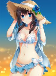 Rule 34 | 1girl, arms up, bare shoulders, bikini, bikini skirt, black hair, blue eyes, blue shirt, blurry, blush, bokeh, bracelet, breasts, cleavage, collarbone, commentary request, depth of field, floral print, flower, food, front-tie bikini top, front-tie top, fruit, hair ornament, hair scrunchie, hairclip, hands on headwear, hayakawa (hayakawa illust), hibiscus, highres, jewelry, long hair, medium breasts, navel, off shoulder, open clothes, open shirt, original, parted lips, pearl bracelet, scrunchie, shirt, solo, strawberry, swimsuit, twintails, white bikini