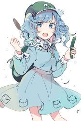 Rule 34 | 1girl, backpack, bag, blue eyes, blue hair, blue shirt, blue skirt, breasts, cattail, commentary request, cucumber, feet out of frame, food, green bag, green hat, hair bobbles, hair ornament, hands up, hat, highres, holding, holding food, kawashiro nitori, key, long sleeves, looking at viewer, medium breasts, medium hair, mozukuzu (manukedori), open mouth, plant, pocket, shirt, skirt, smile, solo, touhou, two side up, white background