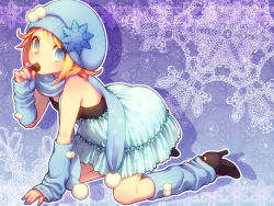 Rule 34 | 1girl, all fours, aqua eyes, arm warmers, bare shoulders, blonde hair, blush, chocolate, dress, eating, ebira (ruvie), fingerless gloves, gloves, hat, high heels, kagamine rin, leg warmers, looking at viewer, nail polish, scarf, shoes, short hair, skirt, snowflakes, solo, vocaloid