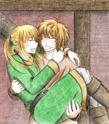 Rule 34 | 2boys, arms around neck, belt, black belt, blonde hair, boots, canute, carrying, closed eyes, darkrainbowtear, eyelashes, green tunic, happy, leather, leather boots, long hair, male focus, messy hair, multiple boys, multiple girls, open mouth, parted lips, ponytail, prince, profile, smile, teeth, thorfinn, tunic, viking, vinland saga