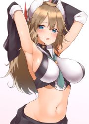 Rule 34 | 1girl, :o, animal ears, aqua neckerchief, armpits, arms behind head, arms up, azur lane, black skirt, blue eyes, blurry, blush, breasts, brown hair, commentary request, crop top, depth of field, detached sleeves, fang, furutaka (azur lane), gloves, groin, hair between eyes, headgear, hechi (hechi322), highres, large breasts, long hair, looking at viewer, midriff, navel, neckerchief, open mouth, remodel (azur lane), school uniform, serafuku, shiny skin, sideboob, simple background, skirt, solo, turtleneck, upper body, white background, white gloves, wide sleeves