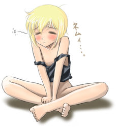 Rule 34 | 00s, 1girl, :3, bad id, bad pixiv id, bare shoulders, barefoot, blonde hair, blush, bottomless, chiaki lsd, erica hartmann, closed eyes, feet, indian style, crossed legs, no panties, short hair, sitting, sleepy, solo, strap slip, strike witches, tank top, translated, world witches series