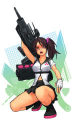 Rule 34 | 1girl, black skirt, breasts, brown hair, carrying, cleavage, female focus, fingerless gloves, full body, gloves, goggles, gradient background, grenade launcher, medium breasts, navel, open mouth, plaid, plaid skirt, skirt, solo, squatting, weapon, white background, yuuji (and)