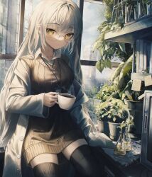 Rule 34 | 1girl, black thighhighs, blunt bangs, breasts, cable knit, coat, coffee mug, collared shirt, cup, flippy (cripine111), glasses, highres, holding, holding cup, lab coat, long hair, looking at viewer, medium breasts, mug, open clothes, open coat, original, plant, potted plant, round eyewear, shirt, sitting, sleeveless, sleeveless sweater, solo, sticky note, sweater, thighhighs, very long hair, white hair, white shirt, yellow eyes