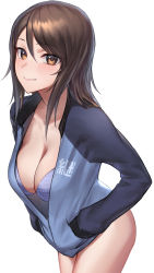 Rule 34 | 1girl, absurdres, blue jacket, bra, breasts, brown eyes, brown hair, cleavage, closed mouth, collarbone, girls und panzer, hands in pockets, highres, jacket, large breasts, leaning forward, long hair, looking at viewer, mika (girls und panzer), monegi, no headwear, no pants, polka dot, polka dot bra, simple background, smile, solo, underwear, white background