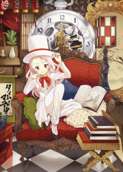 Rule 34 | 1girl, architecture, bird, blush, book, calligraphy, chair, checkered floor, clock, drawing (object), east asian architecture, floor, formal, gears, hat, hat tip, head rest, indoors, kettle, lantern, long hair, nail polish, open book, original, pant suit, pants, paper lantern, pillow, pink hair, red eyes, sitting, smile, solo, sparkle, suit, table, teapot, tomozo kaoru, top hat, torii, vase, white hair