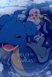 Rule 34 | 1girl, blue eyes, character name, commentary request, creatures (company), earrings, echo (circa), english text, game freak, gen 1 pokemon, gen 3 pokemon, grey hair, hat, jewelry, lapras, long hair, long sleeves, looking at viewer, melony (pokemon), nintendo, pantyhose, pokemon, pokemon (creature), pokemon swsh, riding, riding pokemon, scarf, smile, sweater, wailmer, water, white headwear, white scarf, white sweater