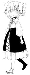 Rule 34 | 1girl, blush, bow, cross-laced clothes, dot nose, dress, from side, full body, greyscale, hair bow, hota, latina (uchi no musume no tame naraba), long dress, looking at viewer, looking to the side, medium hair, monochrome, neck ribbon, parted lips, ribbon, sandals, simple background, skirt, solo, standing, uchi no musume no tame naraba ore wa moshikashitara maou mo taoseru kamo shirenai., walking, white background