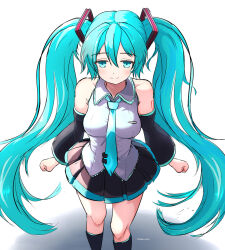 Rule 34 | 1girl, aqua eyes, aqua hair, aqua necktie, artist name, bare shoulders, black footwear, black skirt, black sleeves, boots, breasts, closed mouth, collared shirt, detached sleeves, floating hair, gradient background, grey background, hair ornament, hatsune miku, high heels, highres, large breasts, long hair, long sleeves, looking at viewer, looking atviewer, miniskirt, necktie, phaser array, shirt, shoulder tattoo, skirt, sleeveless, sleeveless shirt, smile, solo, standing, tattoo, thigh boots, twintails, very long hair, vocaloid, white background, white shirt