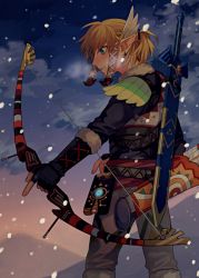 Rule 34 | 1boy, arrow (symbol), belt, blonde hair, blue eyes, blue gloves, blue shirt, blue sky, blush, bow (weapon), breath, closed mouth, cloud, earrings, feather hair ornament, fingerless gloves, from side, fur-trimmed gloves, fur-trimmed pants, fur trim, gloves, gradient sky, hair ornament, hair ribbon, hair tie, hairclip, holding, holding bow (weapon), holding weapon, index finger raised, jewelry, link, long sleeves, male focus, master sword, mountain, night, nintendo, outdoors, outstretched arm, pants, pointy ears, ponytail, profile, quiver, ribbon, sheath, sheathed, sheikah slate, shijima (4jima), shirt, short hair, sky, snowing, snowquill set (zelda), solo, standing, sunset, the legend of zelda, the legend of zelda: breath of the wild, triforce, weapon, white pants, white ribbon