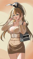 Rule 34 | 1girl, :d, absurdres, bag, blonde hair, blush, breasts, cleavage, collarbone, dress, emptiart, fang, goddess of victory: nikke, green eyes, hair between eyes, highres, large breasts, long hair, open mouth, ponytail, rupee (nikke), shopping bag, smile, solo, yellow dress