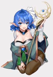 1girl absurdres arm_up between_legs blossomsa blue_eyes blue_gemstone blue_hair bow breasts brown_pantyhose cleavage collarbone commentary_request commission crescent elf full_body gem green_robe hair_between_eyes hair_bow hand_on_own_knee highres holding holding_staff jewelry large_breasts light_blush long_sleeves looking_at_viewer medium_hair moebius_(blueelfmoebius) necklace open_hands open_mouth original pantyhose pointy_ears robe second-party_source seiza shadow simple_background single_hair_intake sitting skeb_commission sleeves_past_wrists smile solo staff white_background white_bow