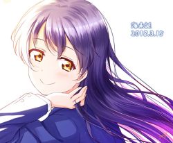 Rule 34 | 1girl, anibache, blue hair, blush, commentary request, dated, hand in own hair, long hair, looking at viewer, looking back, love live!, love live! school idol project, otonokizaka school uniform, portrait, school uniform, simple background, smile, sonoda umi, white background, yellow eyes