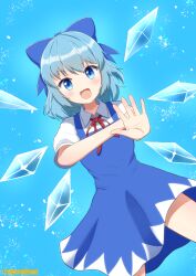 Rule 34 | 1girl, :d, bad id, bad pixiv id, blue bow, blue dress, blue eyes, blue hair, bow, breasts, cirno, collared shirt, dress, fairy, fairy wings, flat chest, hair bow, hair ornament, hairband, hands up, highres, ice, ice wings, legs apart, light blue background, neck ribbon, oboroillust, open mouth, pinafore dress, puffy short sleeves, puffy sleeves, red ribbon, ribbon, shirt, short hair, short sleeves, sleeveless dress, small breasts, smile, solo, touhou, wings