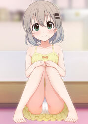 Rule 34 | 1girl, artist request, bare legs, bare shoulders, barefoot, bed, bedroom, blurry, blurry background, blush, bow, closed mouth, collarbone, dot nose, female focus, green eyes, grey hair, hair ornament, hairclip, highres, indoors, looking at viewer, no shoes, no socks, panties, sitting, smile, underwear, white panties, yama no susume, yukimura aoi