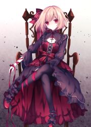 Rule 34 | 1girl, black bow, black dress, black pantyhose, blonde hair, bow, breasts, chair, commentary request, cross, dress, kurumi mashiro, long sleeves, looking at viewer, original, pantyhose, red bow, red dress, red eyes, red footwear, red ribbon, ribbon, short hair, sitting, small breasts, solo