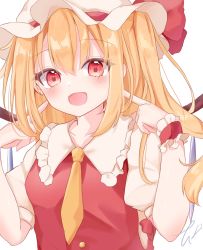 Rule 34 | 1girl, :d, blonde hair, blush, bow, collared shirt, commentary request, crystal, dot nose, fingers to cheeks, flandre scarlet, frilled shirt collar, frills, hair between eyes, hat, highres, korira, looking at viewer, mob cap, open mouth, puffy short sleeves, puffy sleeves, red bow, red eyes, red vest, shirt, short sleeves, signature, simple background, smile, solo, touhou, upper body, vest, white background, white hat, white shirt, wings, wrist cuffs, yellow neckwear