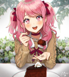 Rule 34 | 1girl, :d, alternate hairstyle, bang dream!, blurry, blurry background, blush, brown sweater, cake, cake slice, chocolate cake, choker, chromatic aberration, commentary request, cupping hand, feeding, flower, food, fur collar, hair ribbon, incoming food, long hair, long sleeves, looking at viewer, maruyama aya, neck ribbon, noixen, open mouth, pink eyes, pink hair, plate, pov across table, pov feeding, red choker, red ribbon, ribbon, signature, smile, solo, sweater, two side up, upper body, white flower