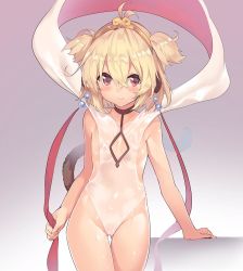 Rule 34 | 1girl, andira (granblue fantasy), animal ears, antenna hair, blonde hair, blush, brown eyes, choker, cleavage cutout, closed mouth, clothing cutout, commentary request, covered erect nipples, cowboy shot, gluteal fold, granblue fantasy, hair between eyes, looking at viewer, monkey ears, monkey tail, sawayaka samehada, see-through, short hair, solo, sweat, tail, two side up