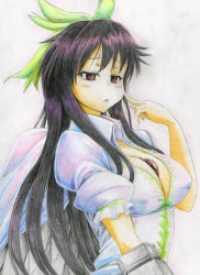 Rule 34 | 1girl, bad id, bad pixiv id, black hair, breasts, cape, cleavage, colored pencil (medium), confused, female focus, finger to face, frown, kitazinger, large breasts, red eyes, reiuji utsuho, solo, touhou, traditional media