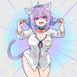 Rule 34 | 1girl, :d, ahoge, aikohgin, animal ears, bottomless, breast pocket, breasts, cat choker, cat ears, cat girl, cat tail, cleavage, cowboy shot, dress shirt, eyelashes, fang, fingernails, hands up, highres, holding, holding own hair, hololive, large breasts, looking at viewer, multicolored hair, nekomata okayu, nekomata okayu (oversized shirt), no bra, official alternate costume, open mouth, partially unbuttoned, pocket, purple eyes, purple hair, shirt, sidelocks, smile, solo, tail, thighs, two-tone hair, virtual youtuber, white shirt