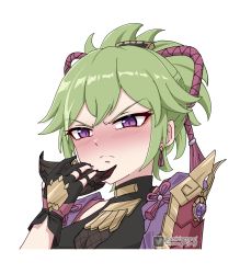 Rule 34 | 1girl, absurdres, angry, armor, asiri senpai, blush, bow, commentary, earrings, english commentary, frown, genshin impact, green hair, hair between eyes, hair bow, hair ornament, highres, holding, holding mask, jewelry, kuki shinobu, long hair, long sleeves, looking at viewer, mask, unworn mask, mouth mask, ponytail, purple eyes, rope, shimenawa, shoulder armor, sidelocks, simple background, solo, twitter username, v-shaped eyebrows, vision (genshin impact), white background