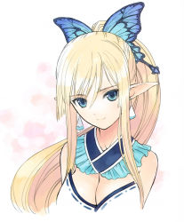 Rule 34 | 1girl, bare shoulders, blonde hair, blue eyes, butterfly hair ornament, earrings, hair ornament, highres, japanese clothes, jewelry, kimono, kirika towa alma, long hair, looking at viewer, pointy ears, ponytail, shining (series), shining resonance, simple background, smile, solo, tony taka